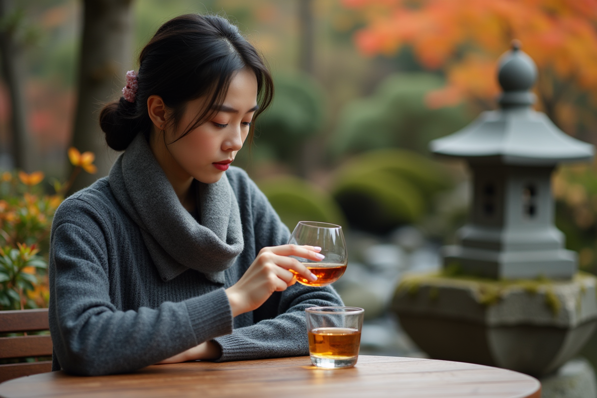 Femme japonaise sirotant un whisky en terrasse automnale