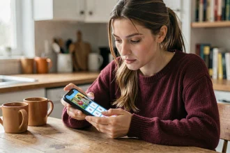 Femme jouant à 4 Images 1 Mot sur smartphone, cherchant un mot de 9 lettres à la table de cuisine