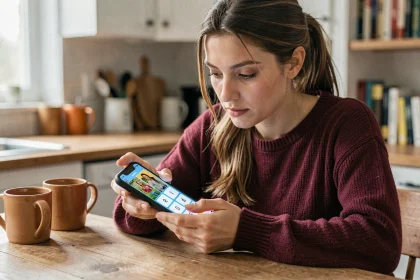 Femme jouant à 4 Images 1 Mot sur smartphone, cherchant un mot de 9 lettres à la table de cuisine