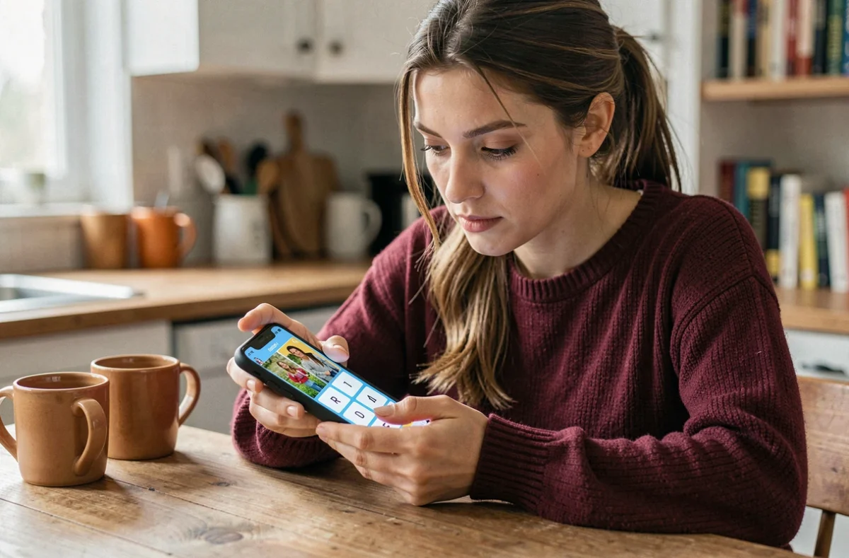 Femme jouant à 4 Images 1 Mot sur smartphone, cherchant un mot de 9 lettres à la table de cuisine