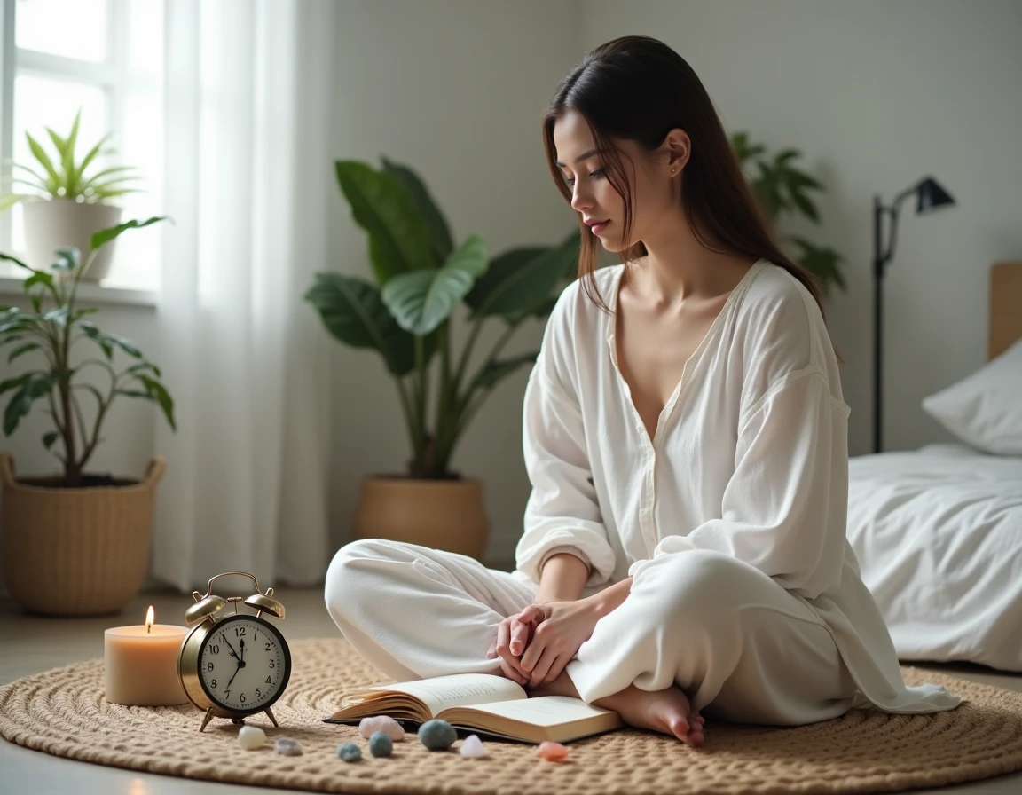 Jeune femme assise au sol avec un journal et une horloge vintage indiquant 11h11, ambiance spirituelle et minimaliste