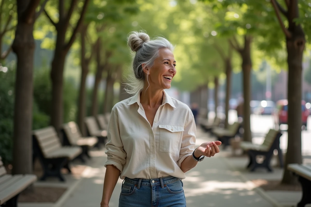 Femme mature en promenade dans un parc urbain