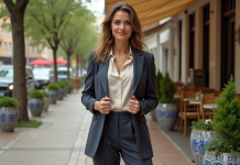 Conseils look pour les femmes petites et rondes : s’habiller avec style Femme en blazer ajusté sur une terrasse de café urbaine