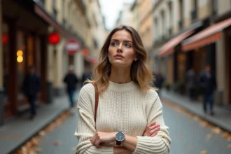 Femme regardant sa montre affichant 11h11 dans une rue pavée d'automne, expression songeuse et intriguée