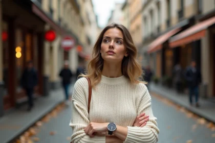 Femme regardant sa montre affichant 11h11 dans une rue pavée d'automne, expression songeuse et intriguée