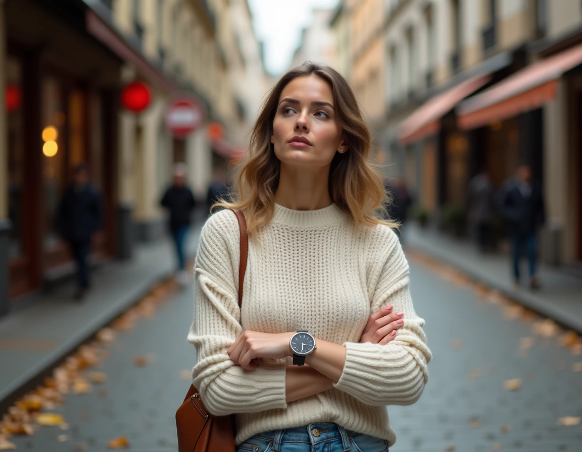 Femme regardant sa montre affichant 11h11 dans une rue pavée d'automne, expression songeuse et intriguée