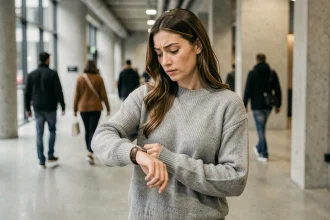 Femme regardant sa montre affichant 14h41 dans un couloir urbain moderne, expression de curiosité