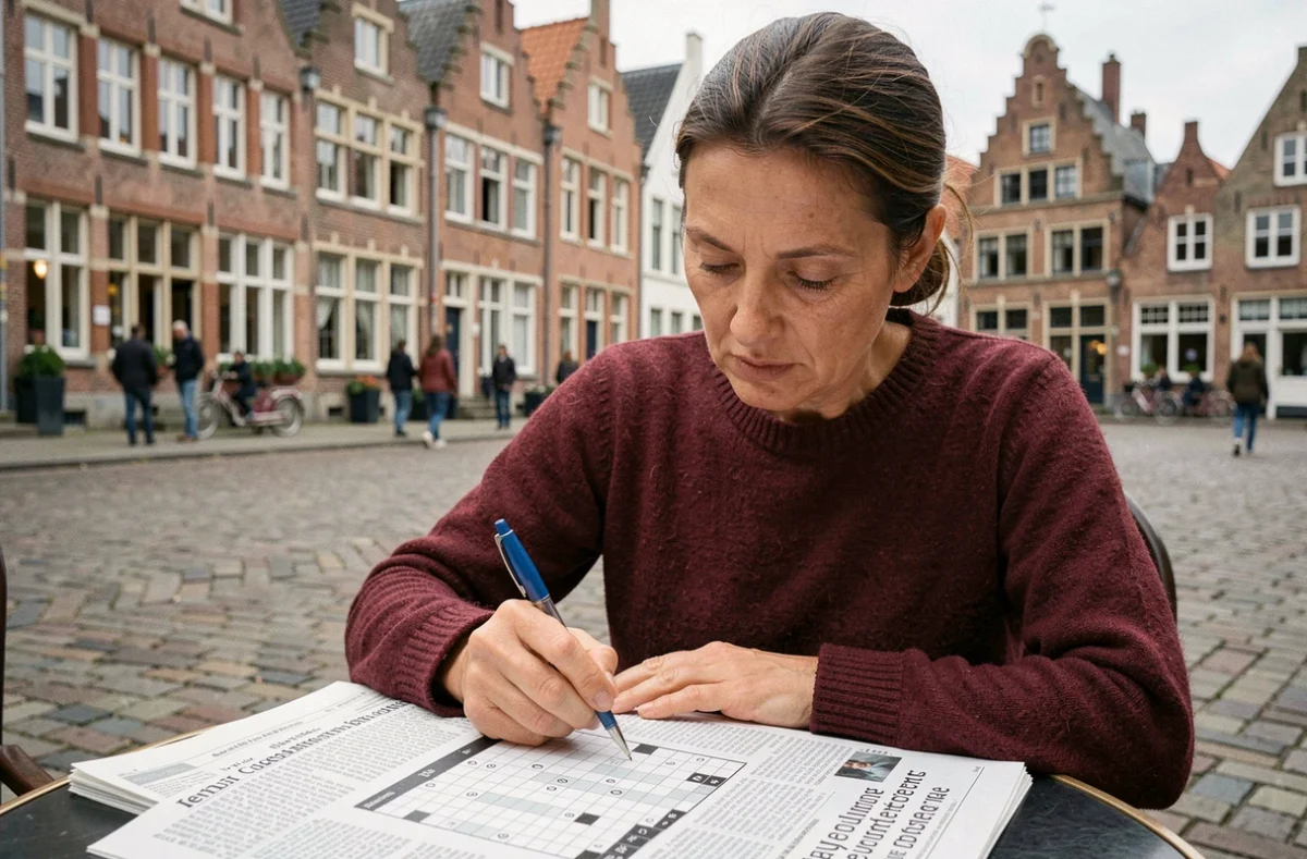 Femme résolvant des mots croisés sur les villes belges dans un café de ville belge typique