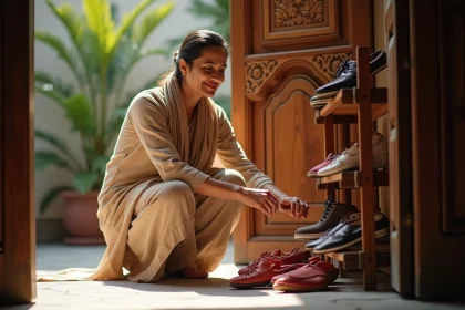 Femme indienne arrangeant des chaussures près de l'entrée