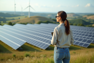 Femme regardant vers l'horizon avec panneaux solaires