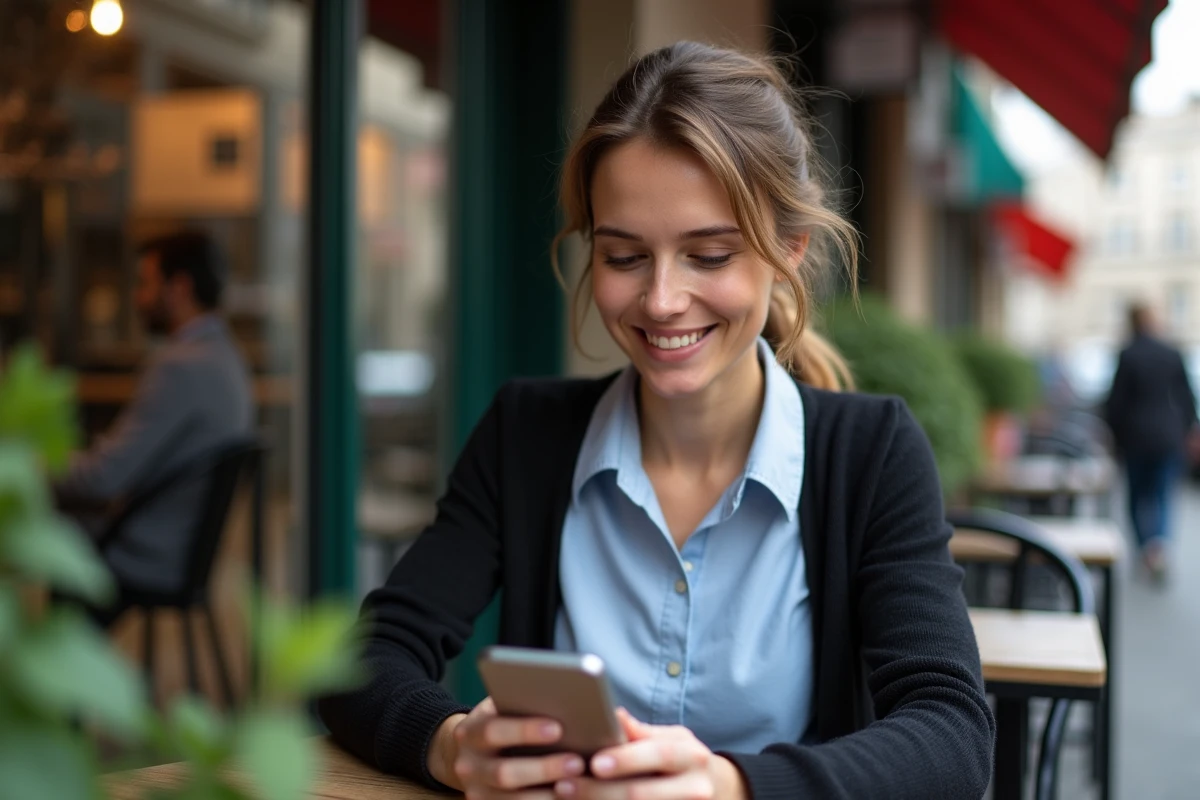 Femme française utilisant smartphone dans un café parisien
