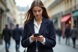 Jeune femme dans la rue parisienne en manteau navy