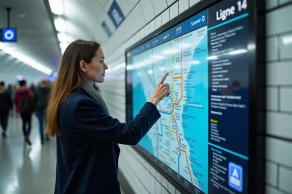 Femme consultant le plan interactif de la ligne 14 du métro parisien avec indication des temps de trajet