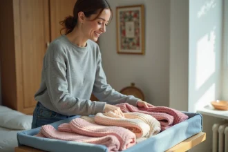 Femme plie des pullovers pastel dans une chambre lumineuse