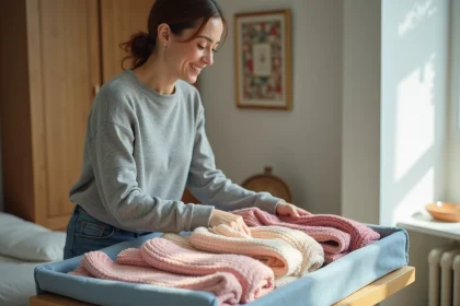 Femme plie des pullovers pastel dans une chambre lumineuse