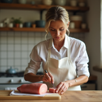 Femme en tablier préparant un foie gras frais dans la cuisine