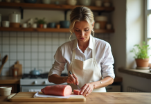 Femme en tablier préparant un foie gras frais dans la cuisine
