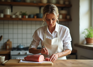 Femme en tablier préparant un foie gras frais dans la cuisine