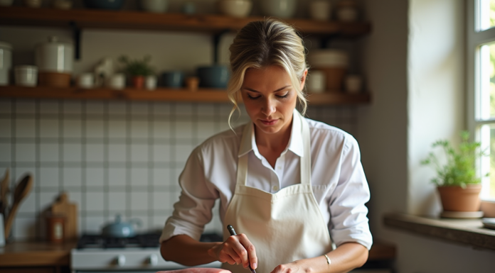 Femme en tablier préparant un foie gras frais dans la cuisine