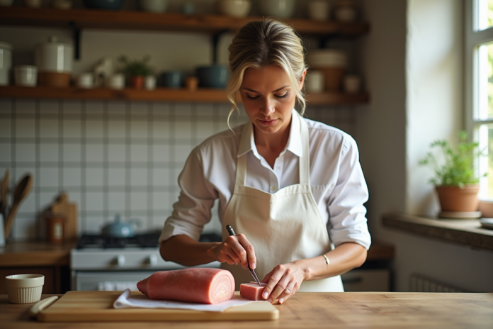 Femme en tablier préparant un foie gras frais dans la cuisine