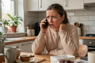 Femme frustrée raccrochant au nez lors d'un appel téléphonique tendu dans une cuisine moderne
