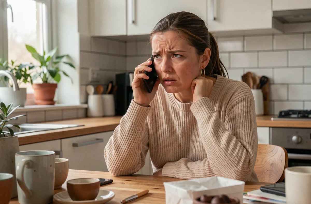 Femme frustrée raccrochant au nez lors d'un appel téléphonique tendu dans une cuisine moderne