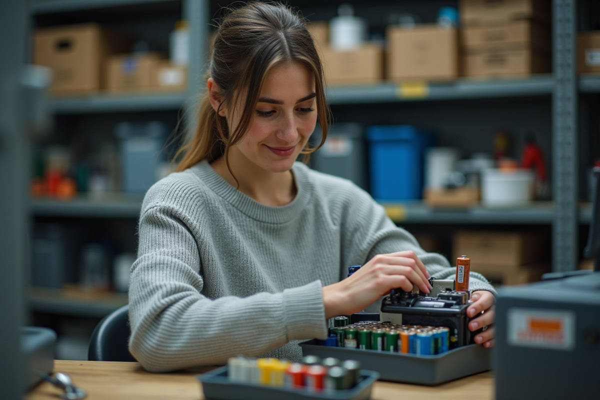 Jeune femme organisant des piles dans une boîte de rangement