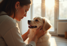 Femme reniflant un chien pelucheux à la maison
