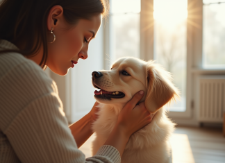 Femme reniflant un chien pelucheux à la maison