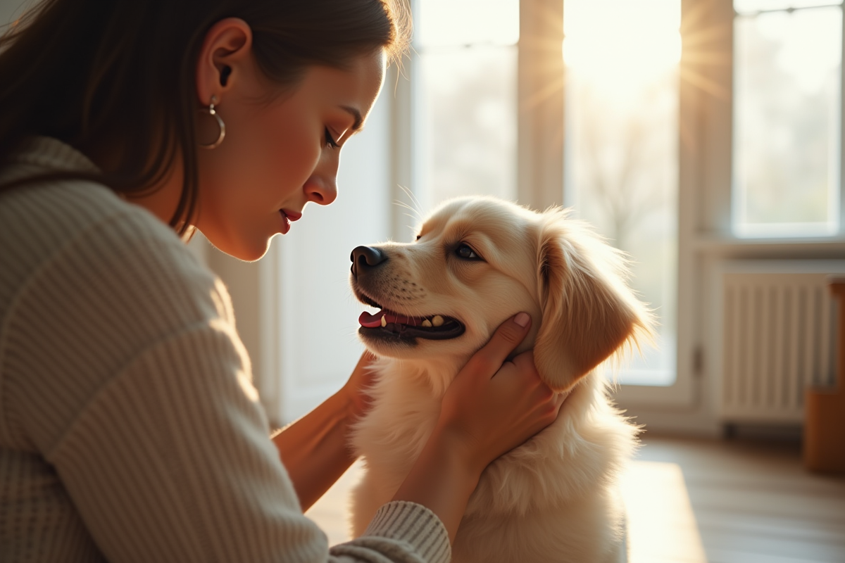 Femme reniflant un chien pelucheux à la maison