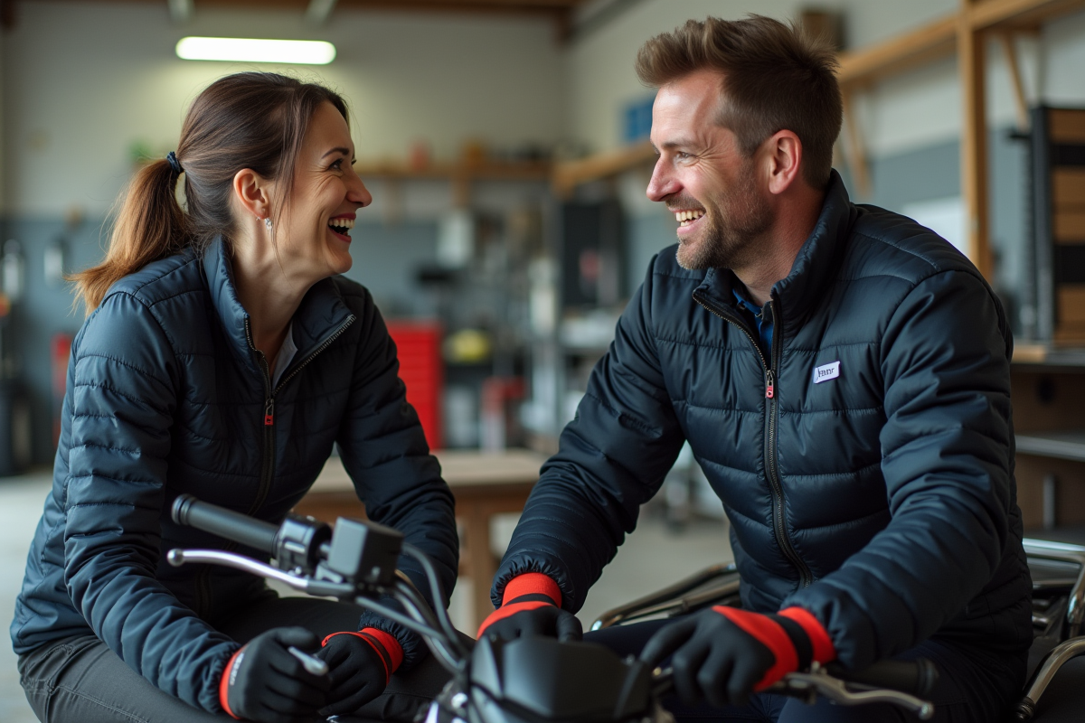 Femme souriante avec mécanicien près d