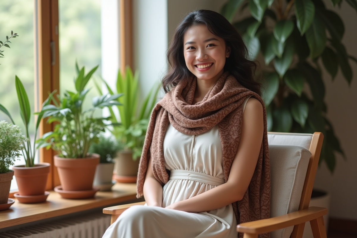 Femme souriante en robe fluide dans un intérieur chaleureux