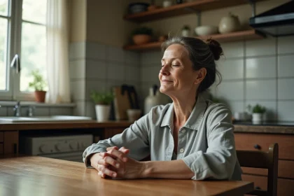 Femme en contemplation silencieuse à une table de cuisine en bois, illustrant le pouvoir du silence dans les conflits du quotidien