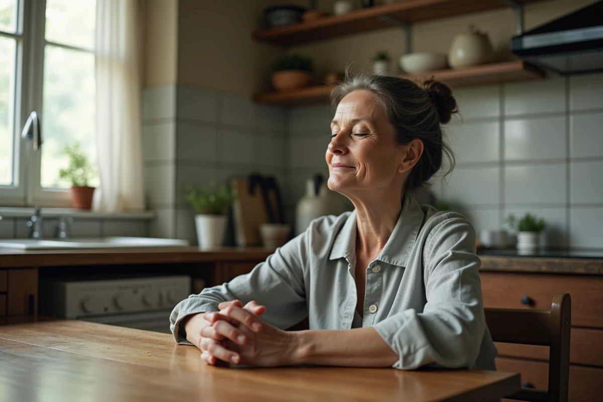 Femme en contemplation silencieuse à une table de cuisine en bois, illustrant le pouvoir du silence dans les conflits du quotidien