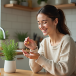 Femme souriante tenant un supplément organique dans la cuisine