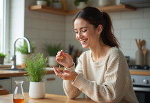 Femme souriante tenant un supplément organique dans la cuisine