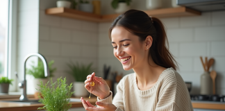 Femme souriante tenant un supplément organique dans la cuisine