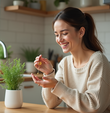 Comment hydrater sa peau de l’intérieur grâce à un complément alimentaire biologique ? Femme souriante tenant un supplément organique dans la cuisine