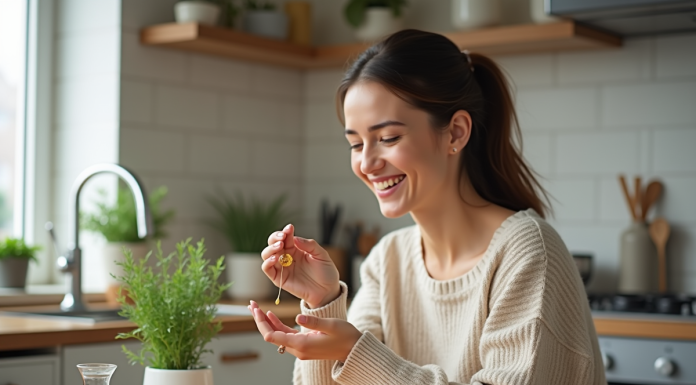 Femme souriante tenant un supplément organique dans la cuisine