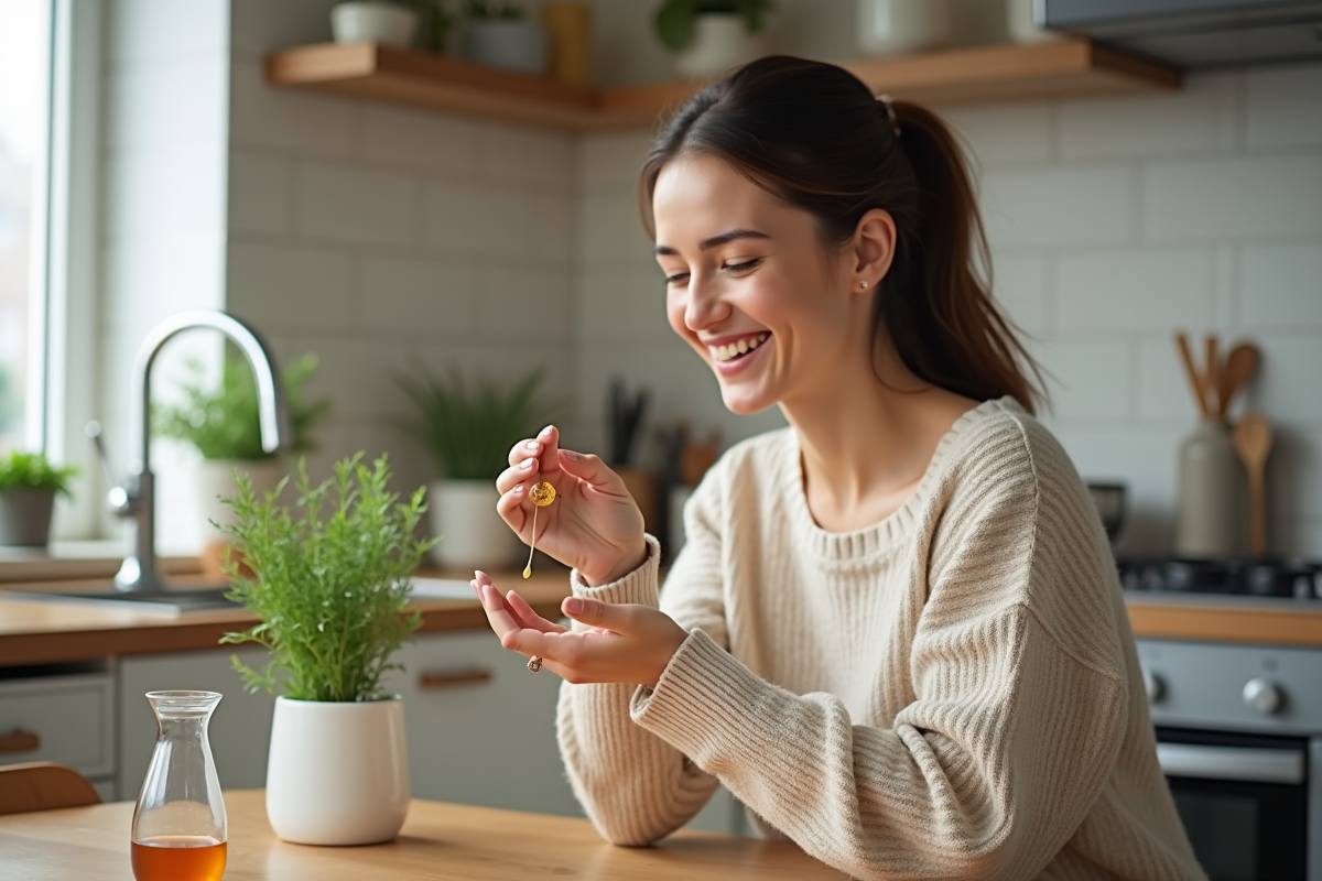 Femme souriante tenant un supplément organique dans la cuisine