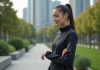 Utilisation de la technologie dans les vêtements : innovations et tendances à découvrir Jeune femme portant veste connectée dans un parc urbain