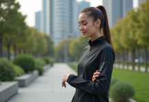 Utilisation de la technologie dans les vêtements : innovations et tendances à découvrir Jeune femme portant veste connectée dans un parc urbain