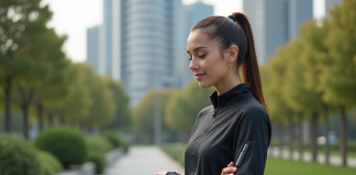 Utilisation de la technologie dans les vêtements : innovations et tendances à découvrir Jeune femme portant veste connectée dans un parc urbain