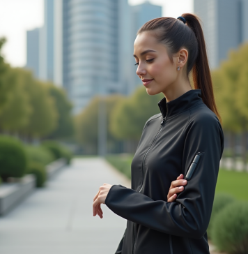 Utilisation de la technologie dans les vêtements : innovations et tendances à découvrir Jeune femme portant veste connectée dans un parc urbain