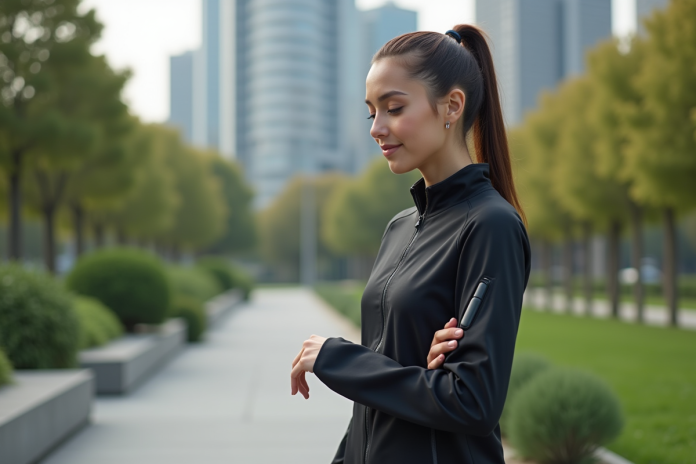 femme-sport-smart-jacket Jeune femme portant veste connectée dans un parc urbain