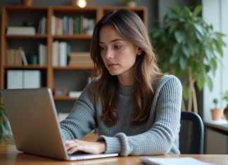 Jeune femme professionnelle travaillant à son bureau à domicile