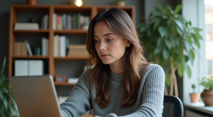 Jeune femme professionnelle travaillant à son bureau à domicile