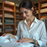 Meilleure qualité vêtements : comment choisir la meilleure option ? Femme examine un shirt coton dans une boutique élégante