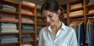 Meilleure qualité vêtements : comment choisir la meilleure option ? Femme examine un shirt coton dans une boutique élégante