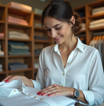 Meilleure qualité vêtements : comment choisir la meilleure option ? Femme examine un shirt coton dans une boutique élégante